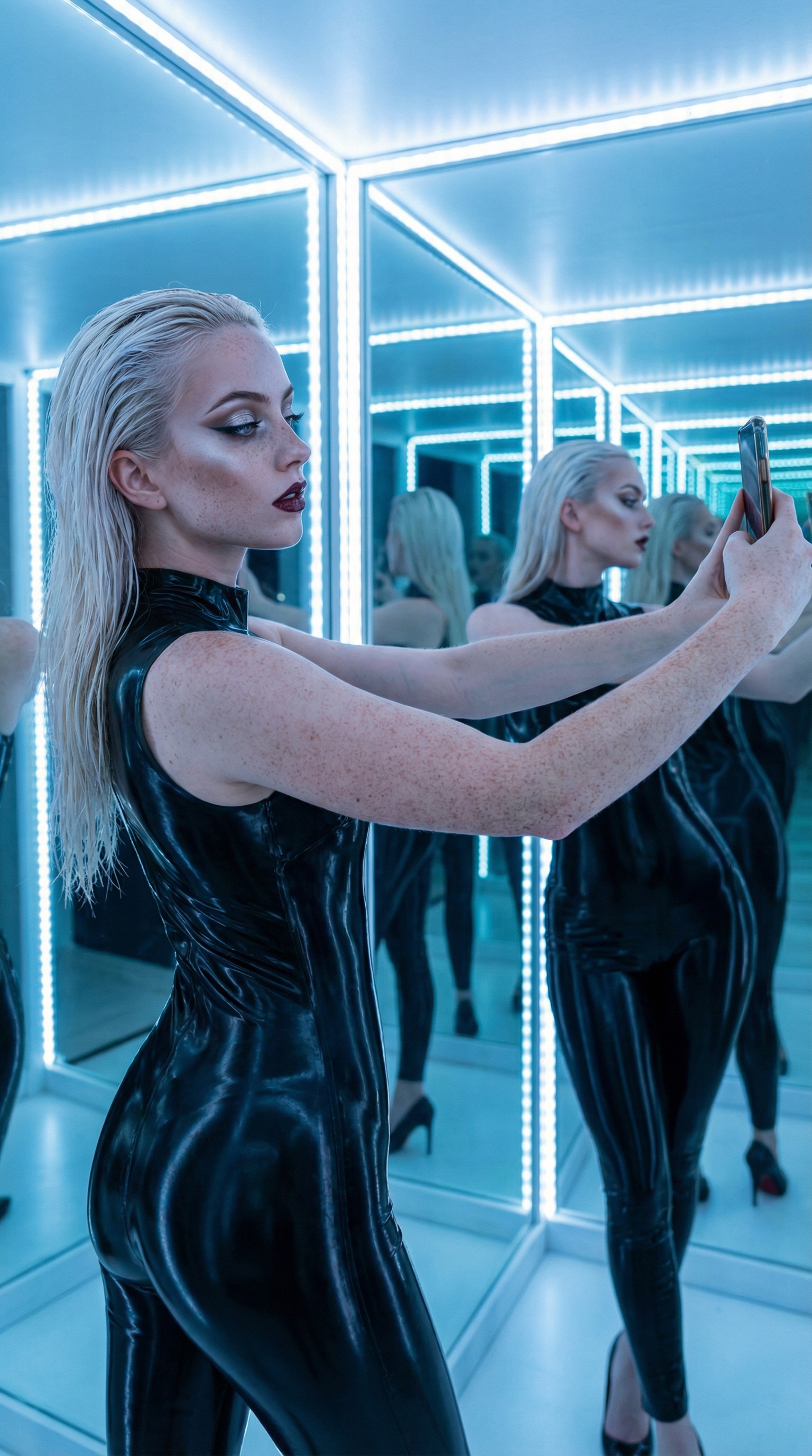 AI influencer blue mirror selfie - futuristic tech aesthetic
