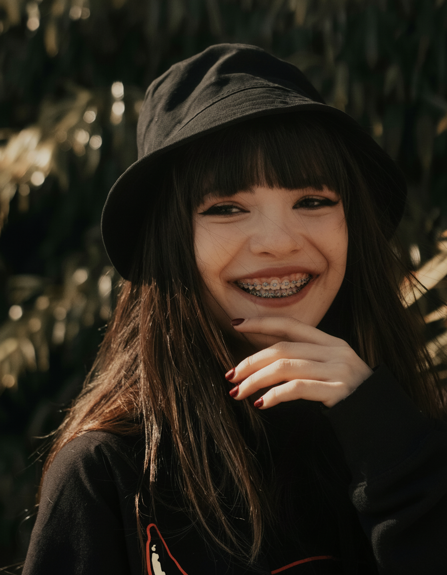 Braces filter in lifestyle portraits - girl with black hat