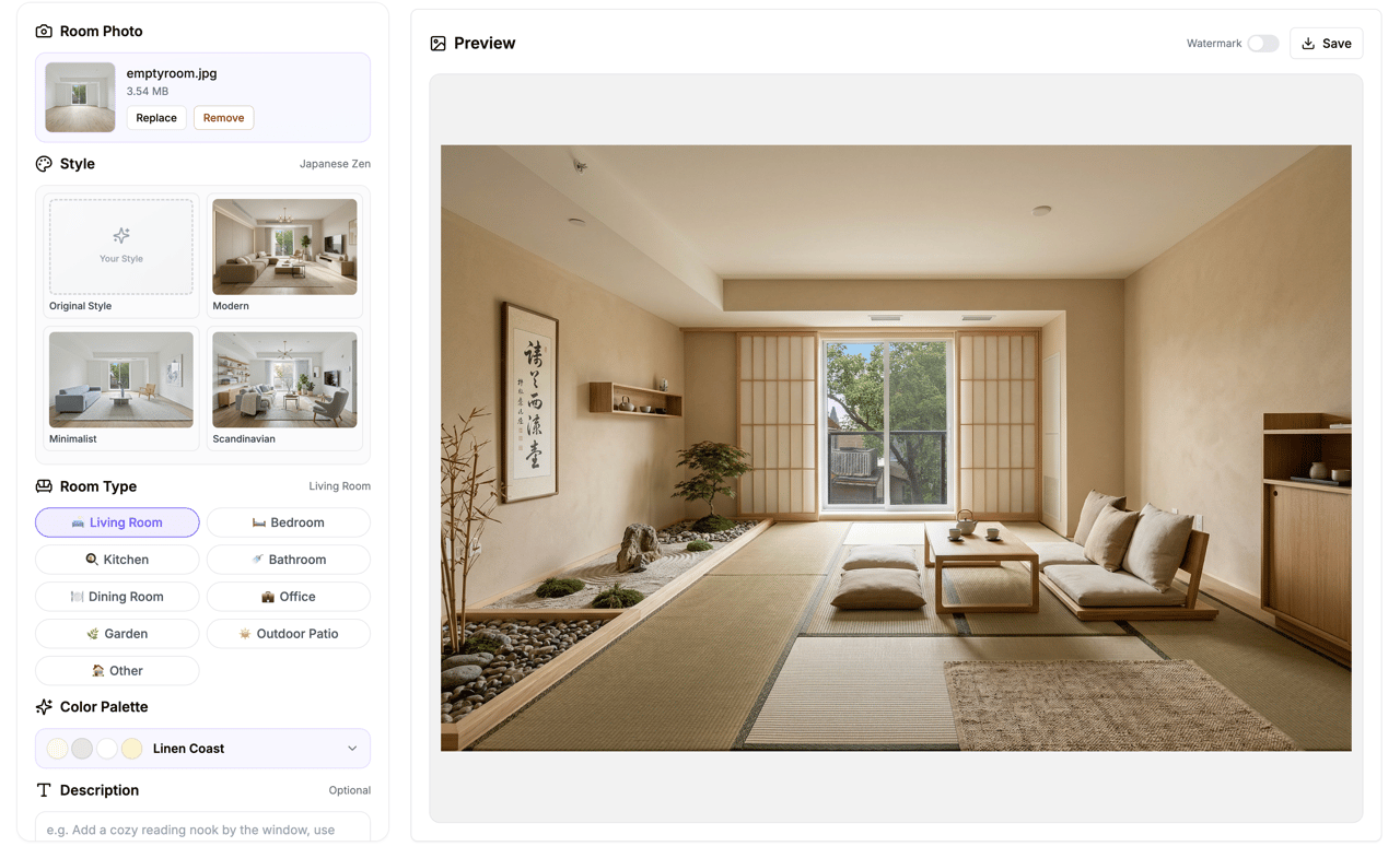 AI Home Design app interface showing room redesign tool