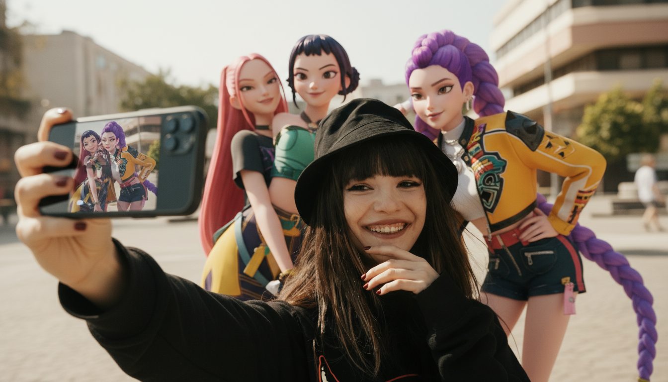 KPop Demon Hunter バックステージグロウ - ピンクのスポットライト下でHuntrixと写るユーザーセルフィー