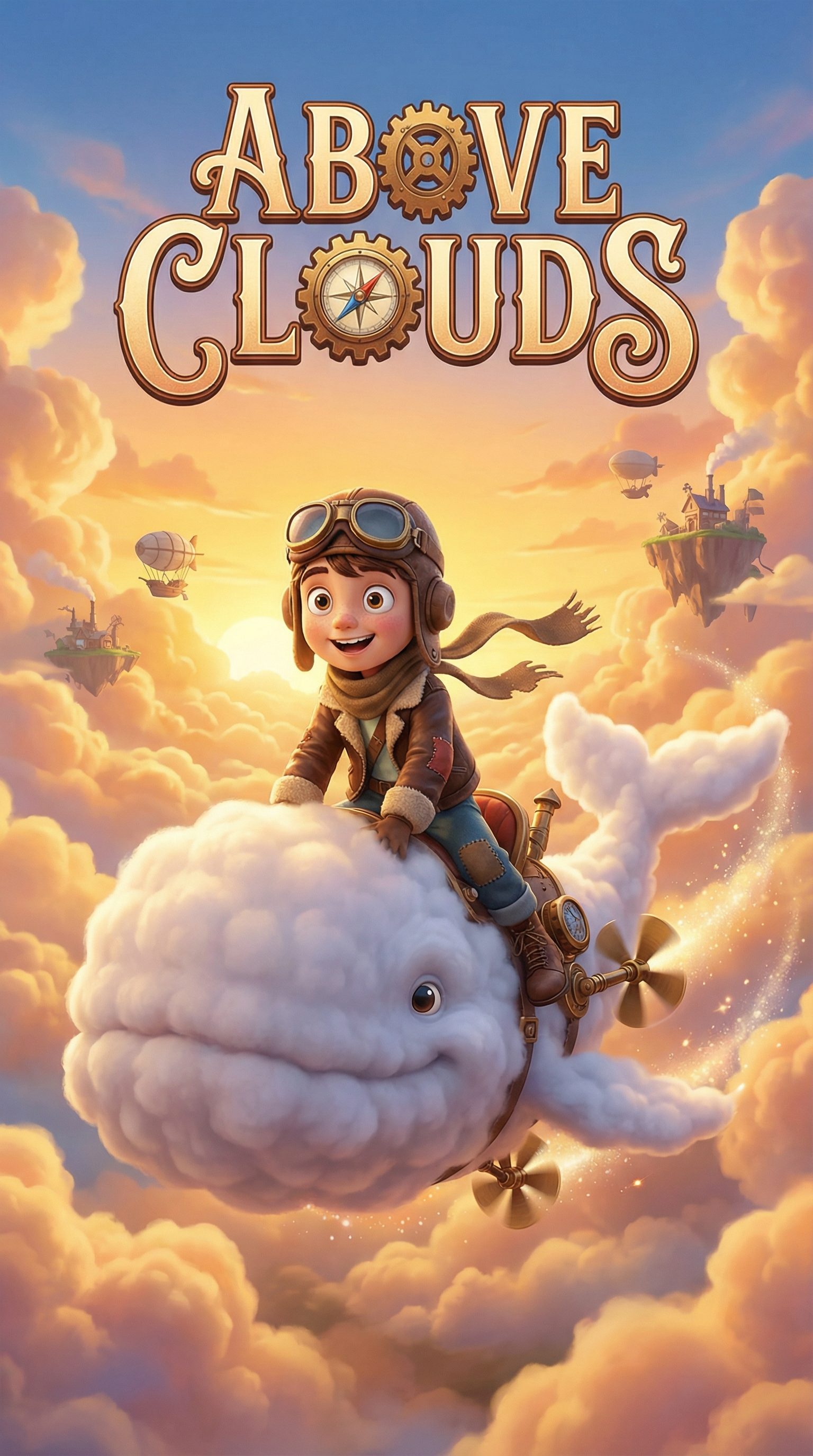 ABOVE THE CLOUDSというタイトルのDisney Pixar映画ポスター。操縦ゴーグルを付けた子どもの飛行士が、夕焼け空の浮遊城と飛行船を背景に、ふわふわした雲の生き物に乗っている