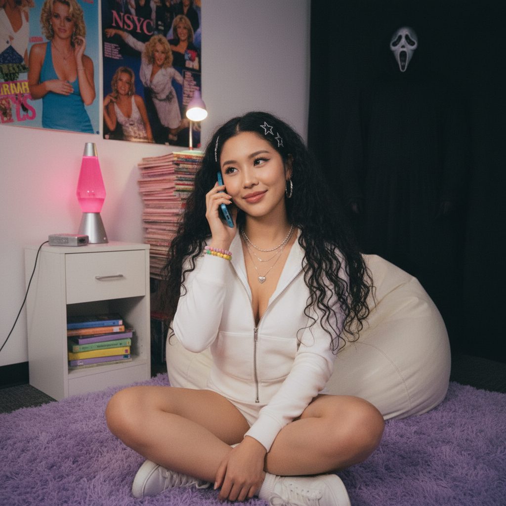 ピンクのサテン寝室とヴィンテージ電話でGhostface AIトレンド写真を作る女性