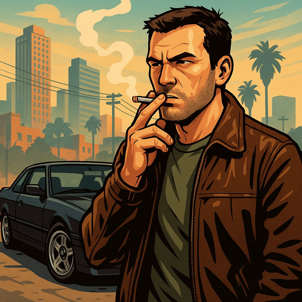 都市背景、車のシルエット、夕暮れパレットを背にしたキャラクター