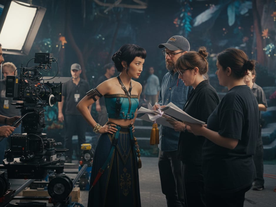 Live action film set with actor and crew