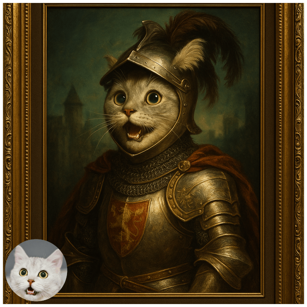 上品な衣装をまとい貴族のように描かれたロイヤルマジェスティスタイルのペットポートレート