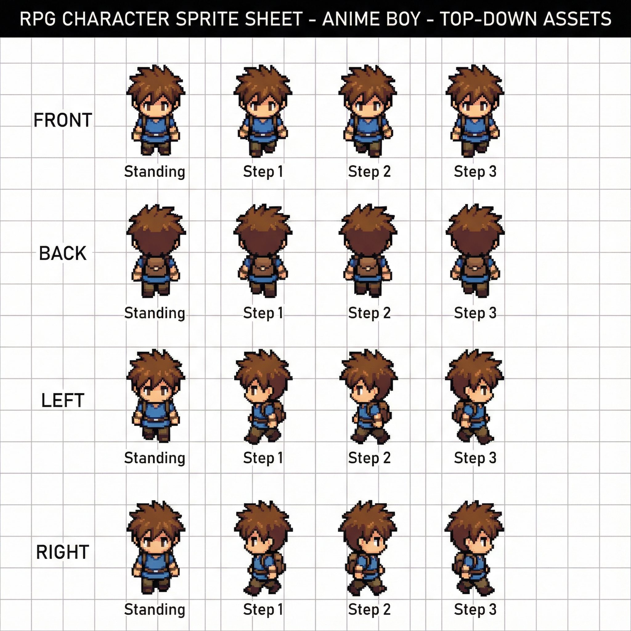 トップダウンゲーム向けのRPGキャラクタースプライトシート（前・後・左・右の4方向歩行アニメーション）