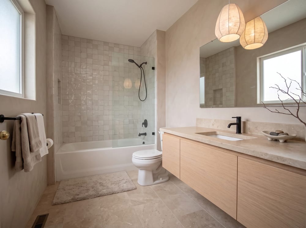 Japandi bathroom redesign with natural oak and neutral stone
