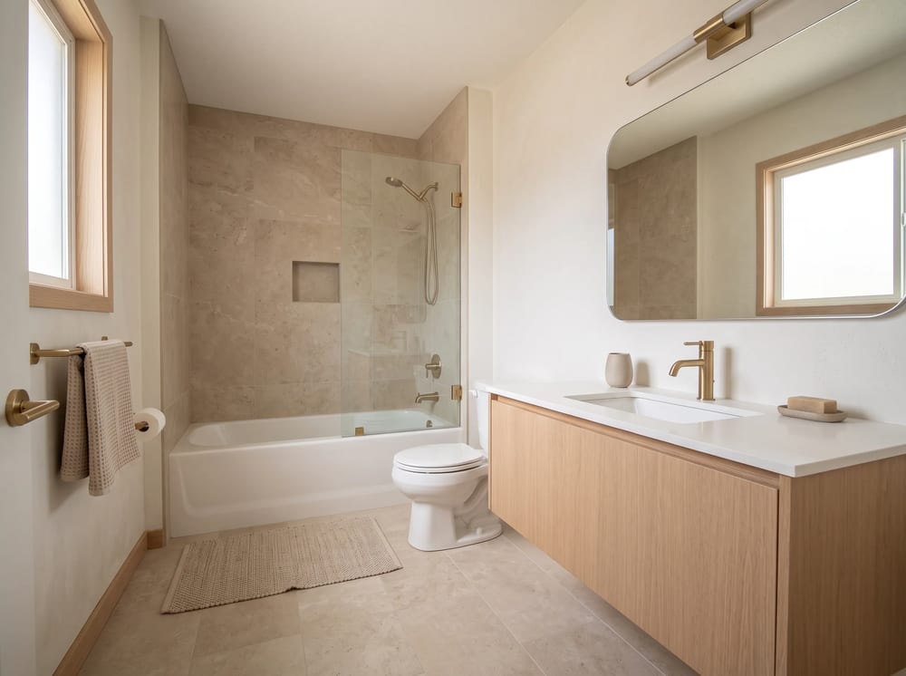 Warm minimalist bathroom design generated from a photo