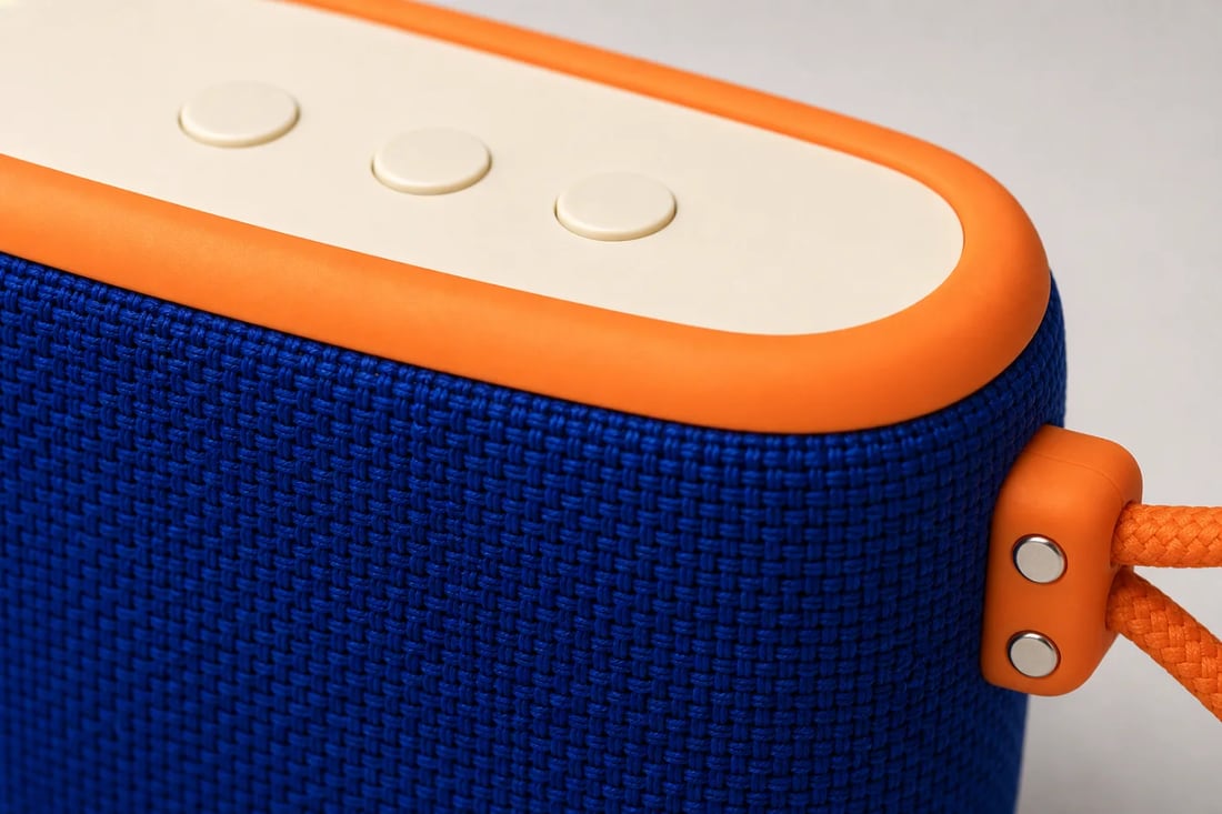 Close-up of speaker woven fabric, controls, orange trim, and rivets