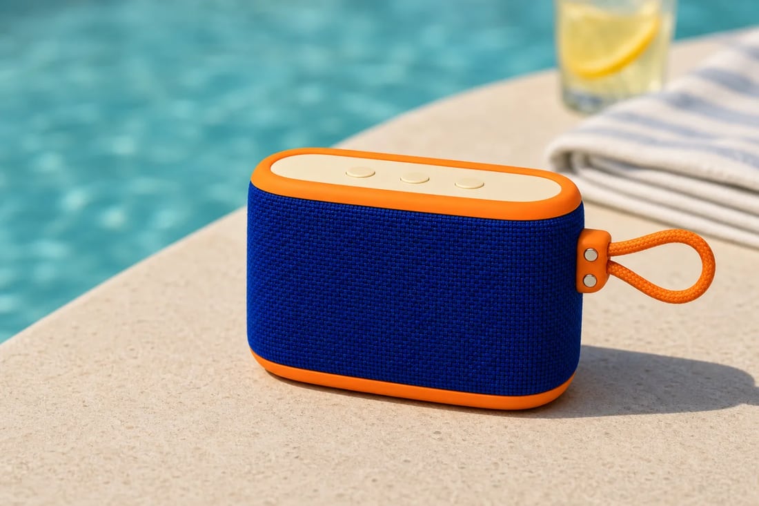 Portable speaker in a bright poolside lifestyle scene