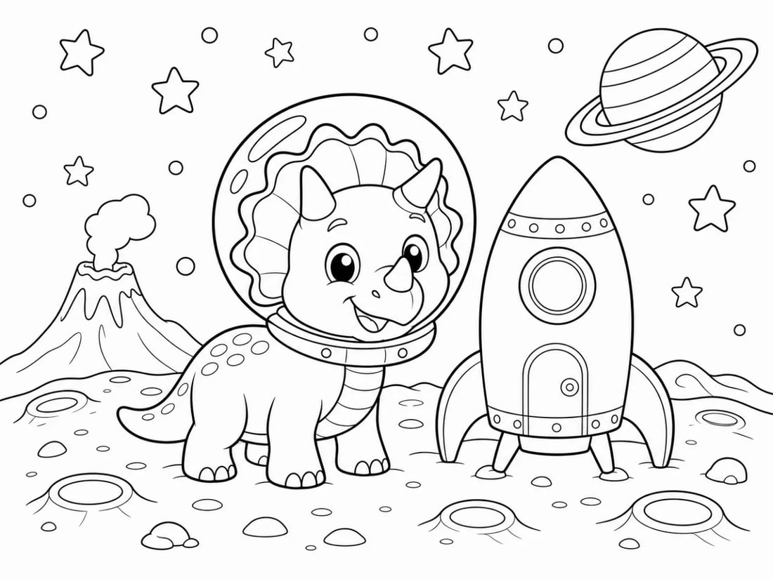 Pagina per bambini di dinosauro spaziale creata con IA