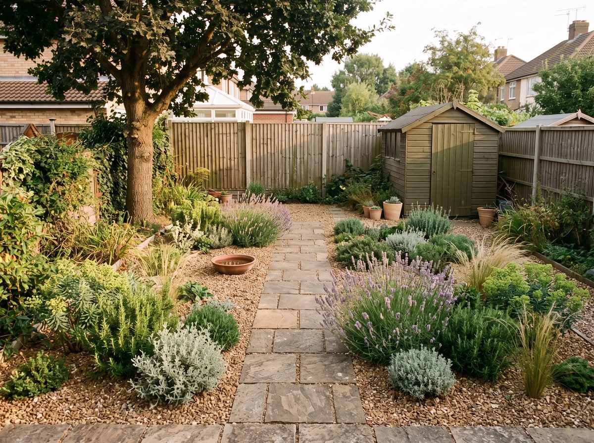 Wassersparender mediterraner Garten mit Lavendel und Kies