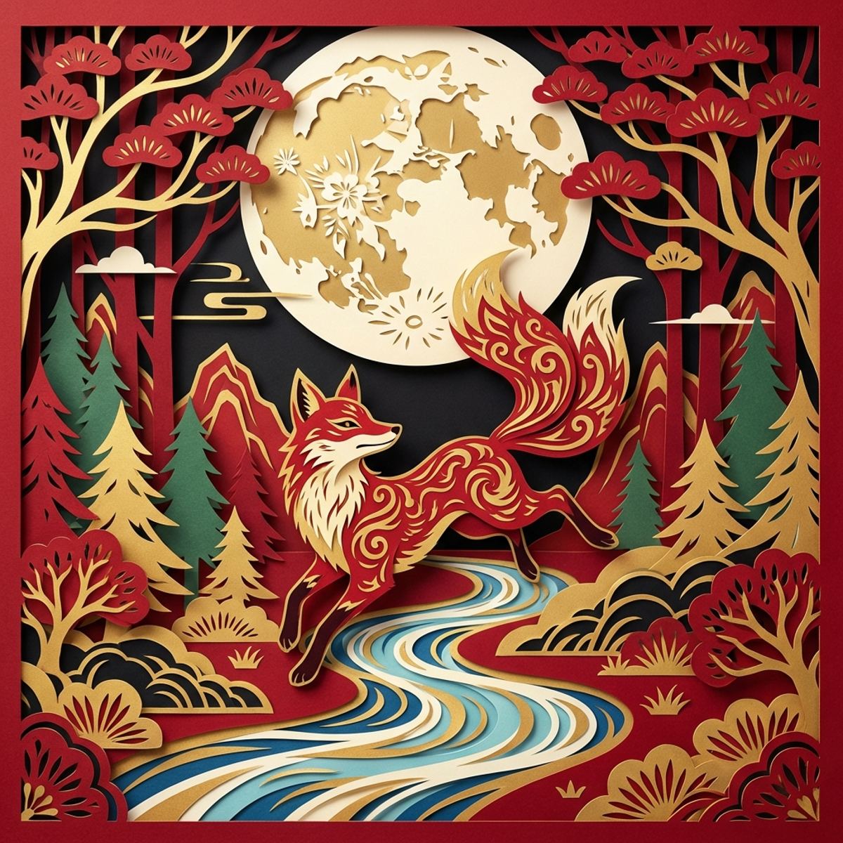 Chinese paper cut fox forest artwork