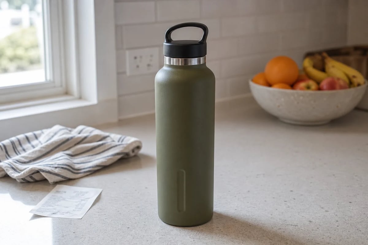 Original olive bottle photo on a home kitchen counter