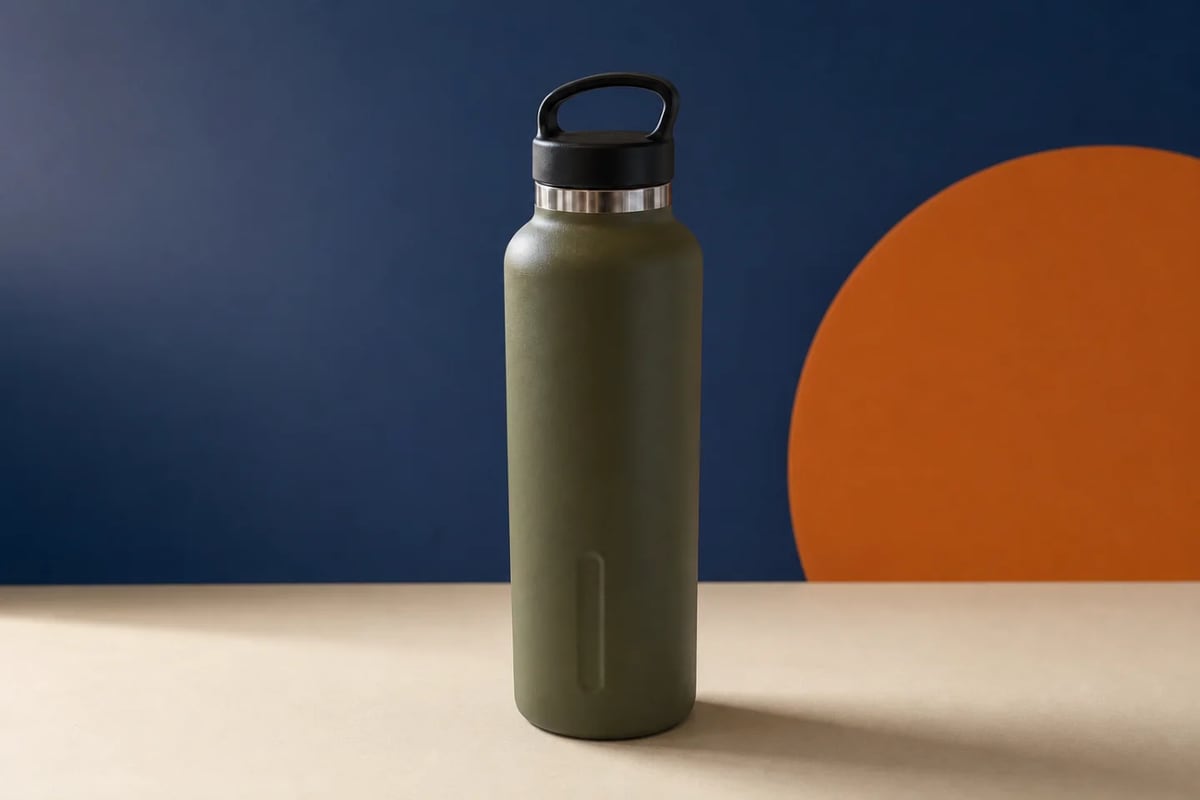 Olive bottle in a cobalt blue, cream, and orange campaign studio