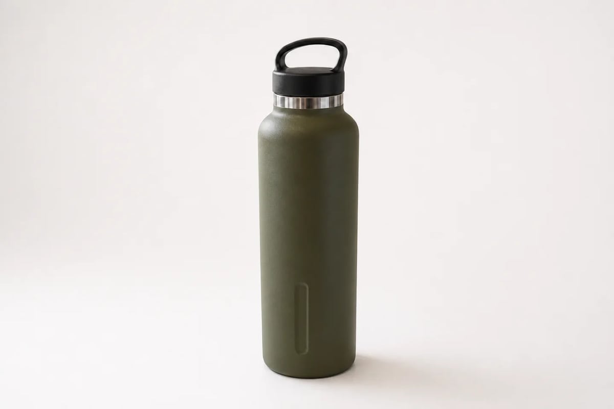 Olive bottle on a clean warm-white ecommerce background