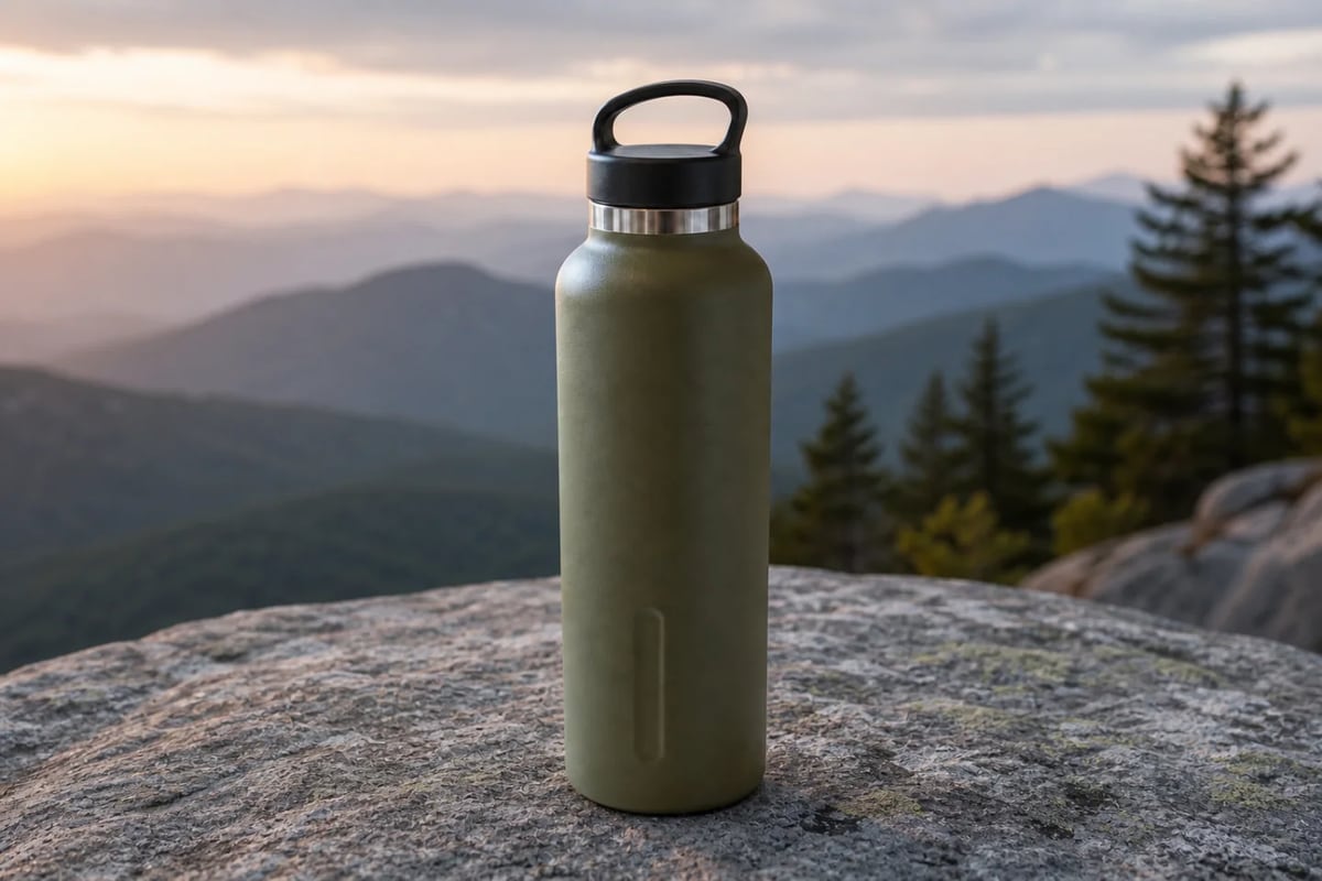 Olive bottle placed on granite in a dawn mountain landscape