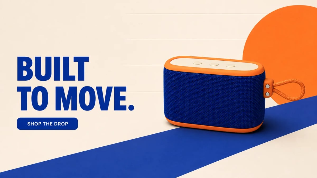 Wide ecommerce banner with Built to Move copy and the complete cobalt and orange portable speaker