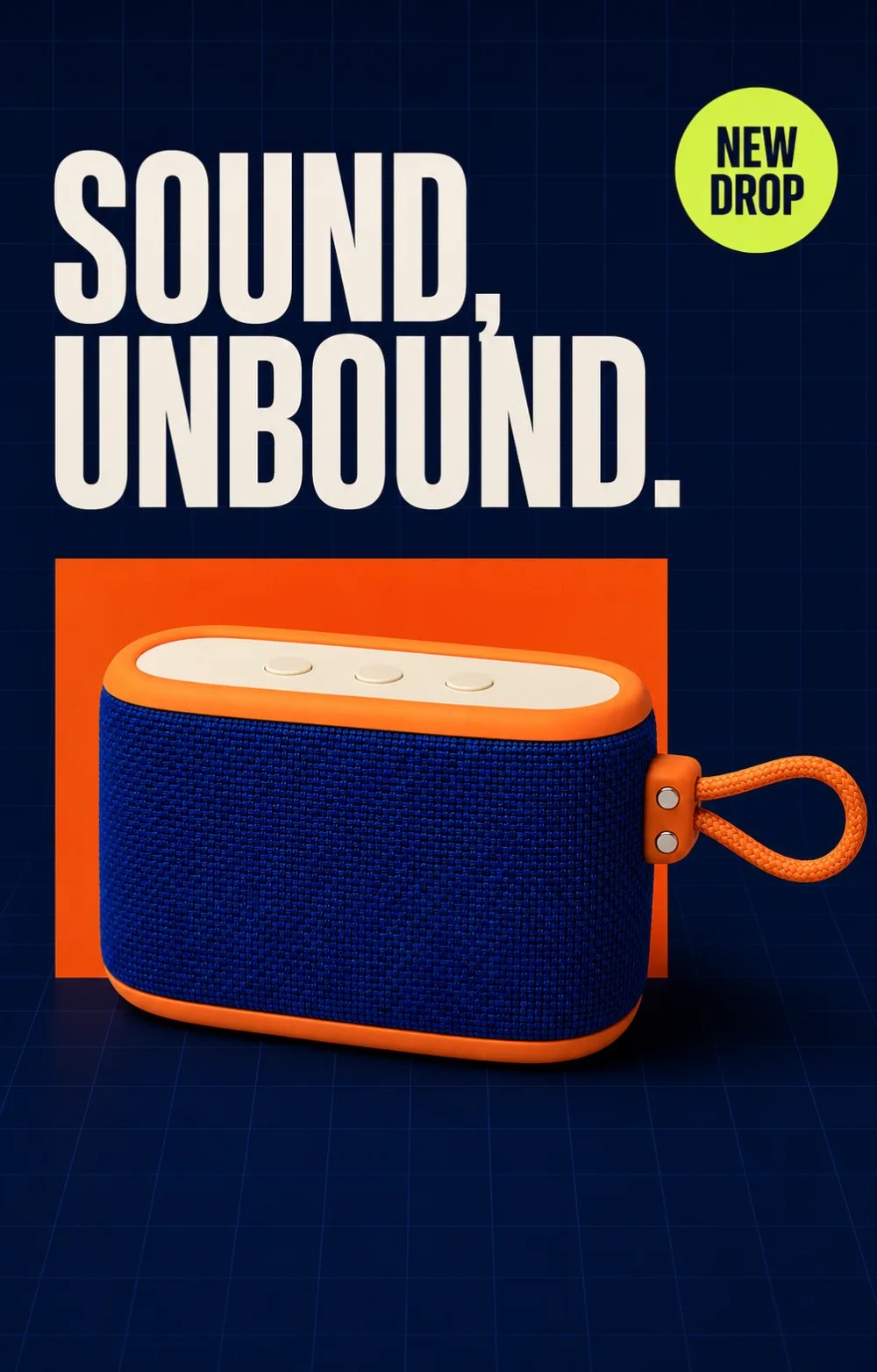 Vertical launch poster with the cobalt and orange speaker, bold Sound Unbound headline, and New Drop marker