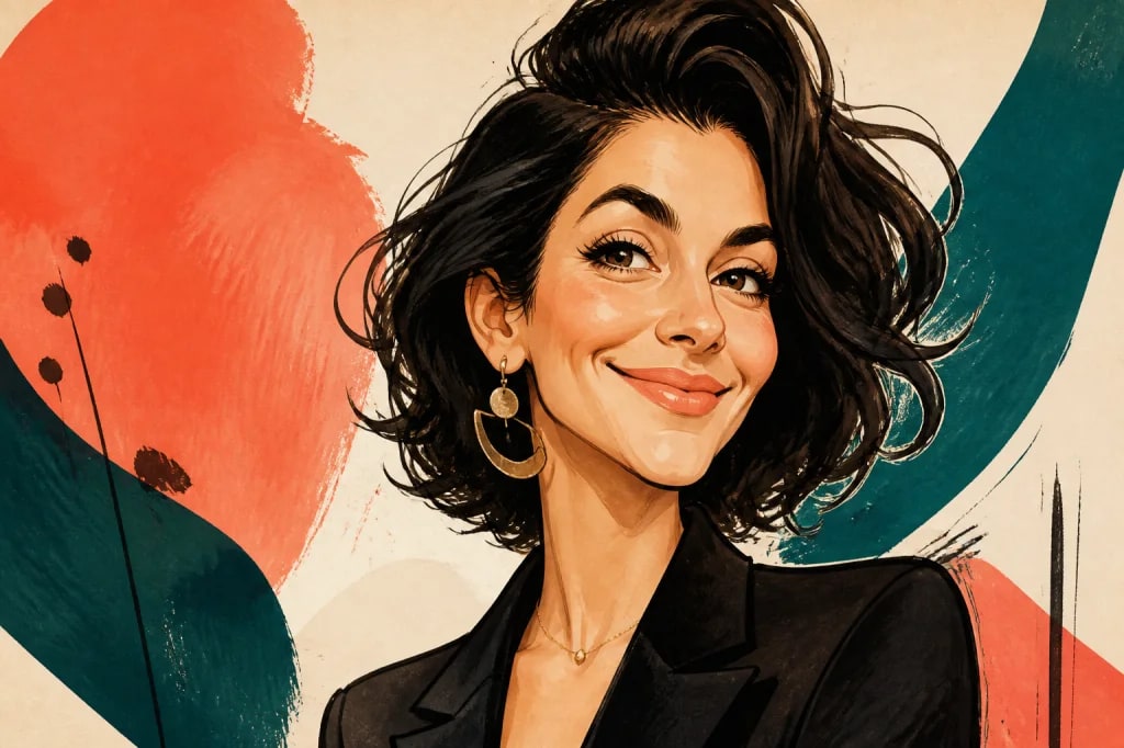 Caricatura editoriale di una donna sorridente con linee d’inchiostro espressive