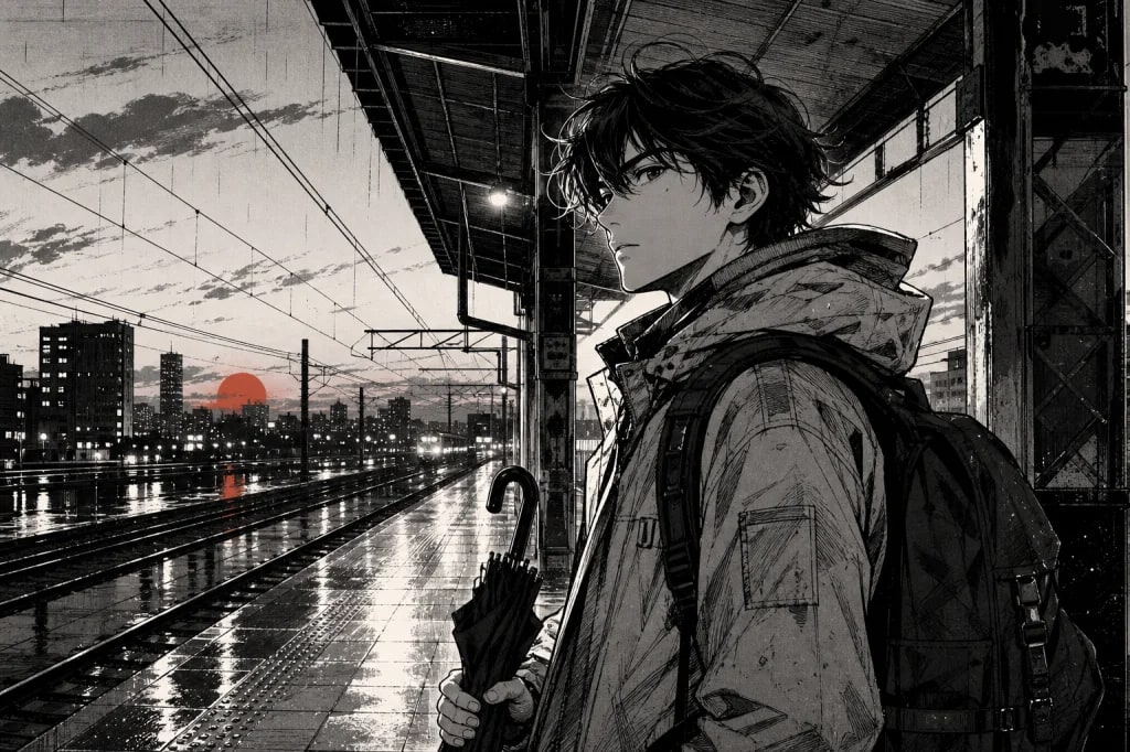Original black and white manga character waiting on a rainy train platform