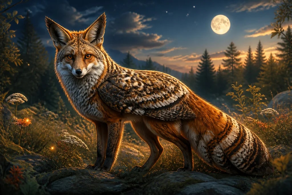 Original fox and owl hybrid creature standing in a moonlit meadow