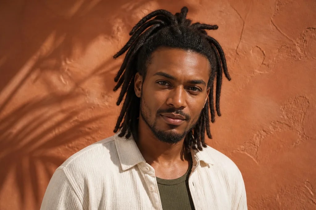 Portrait of an adult man with medium-length locs in warm sunlight