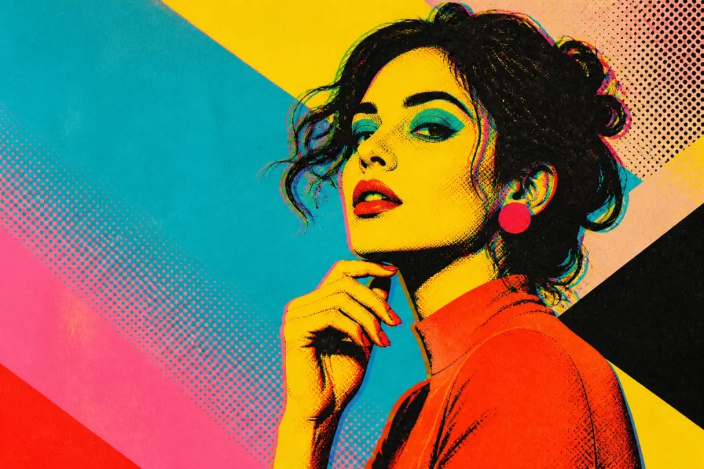 Retrato pop art en cian, amarillo, magenta y rojo con puntos de semitono