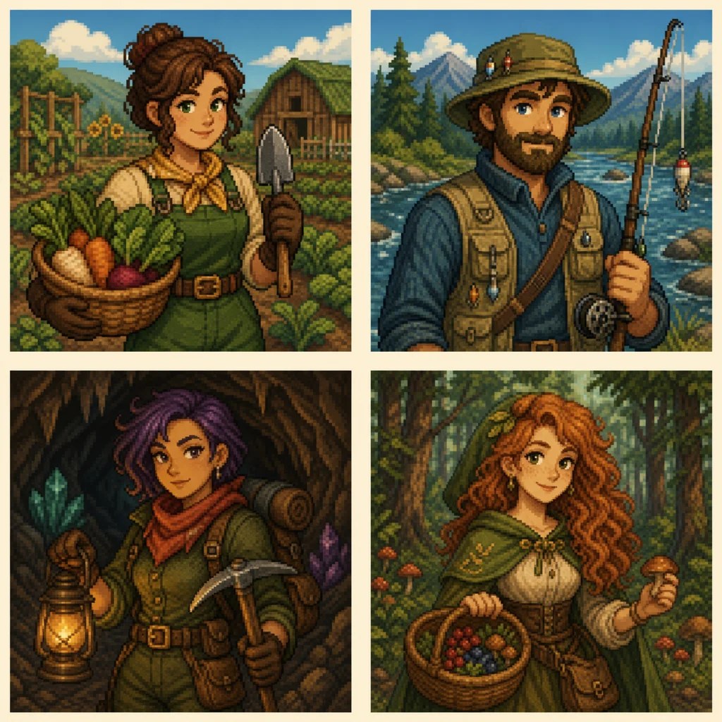 Pixel art garden keeper carrying vegetables and a hand trowel