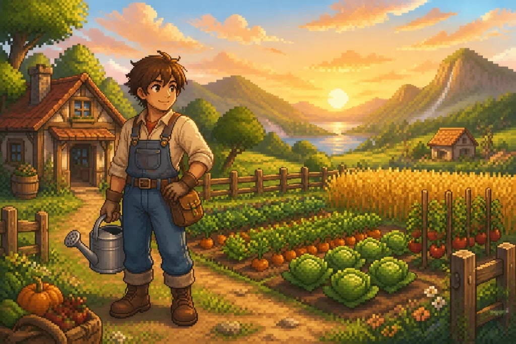 Original pixel art farmer standing in a colorful countryside garden at sunset
