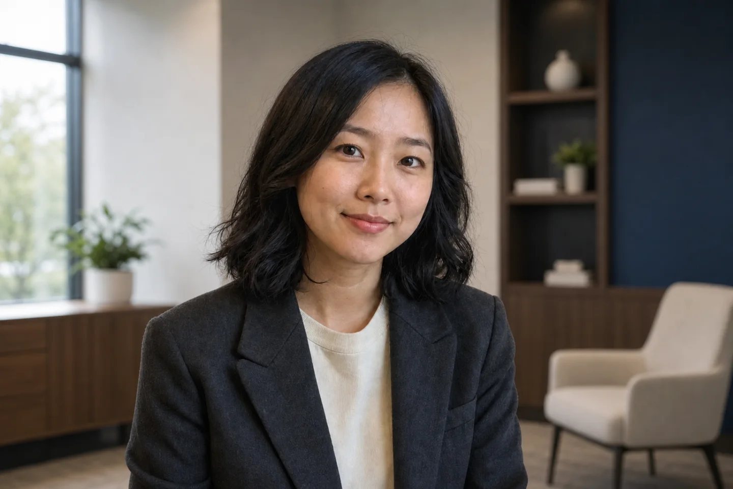 The same woman with a softly lit modern office background