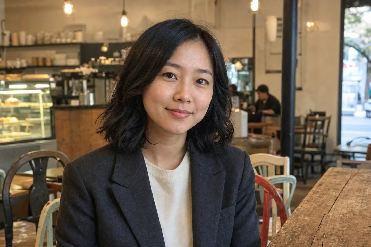 Casual professional portrait photographed in a busy neighborhood cafe