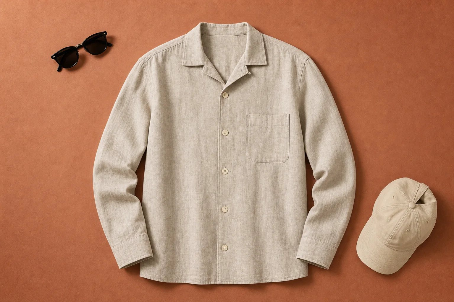 Top-down flat lay clothing photo of the same linen overshirt with editorial styling