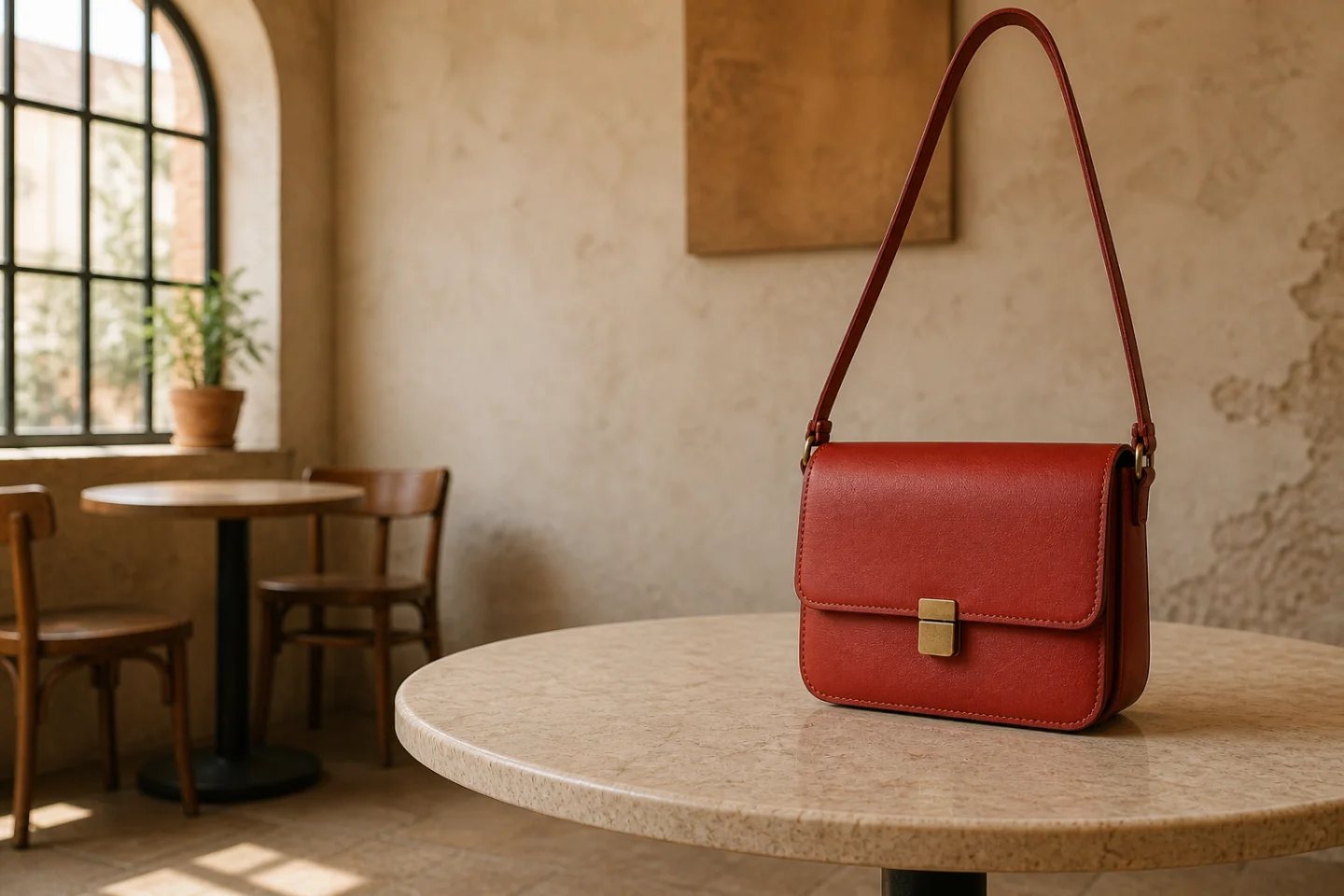 Foto della campagna della borsa in pelle espansa con tracolla completa, contesto café e spazio negativo