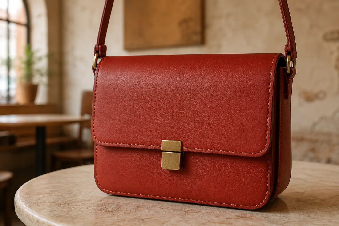 Foto di borsa in pelle rosso ruggine ben incorniciata con la tracolla tagliata in alto