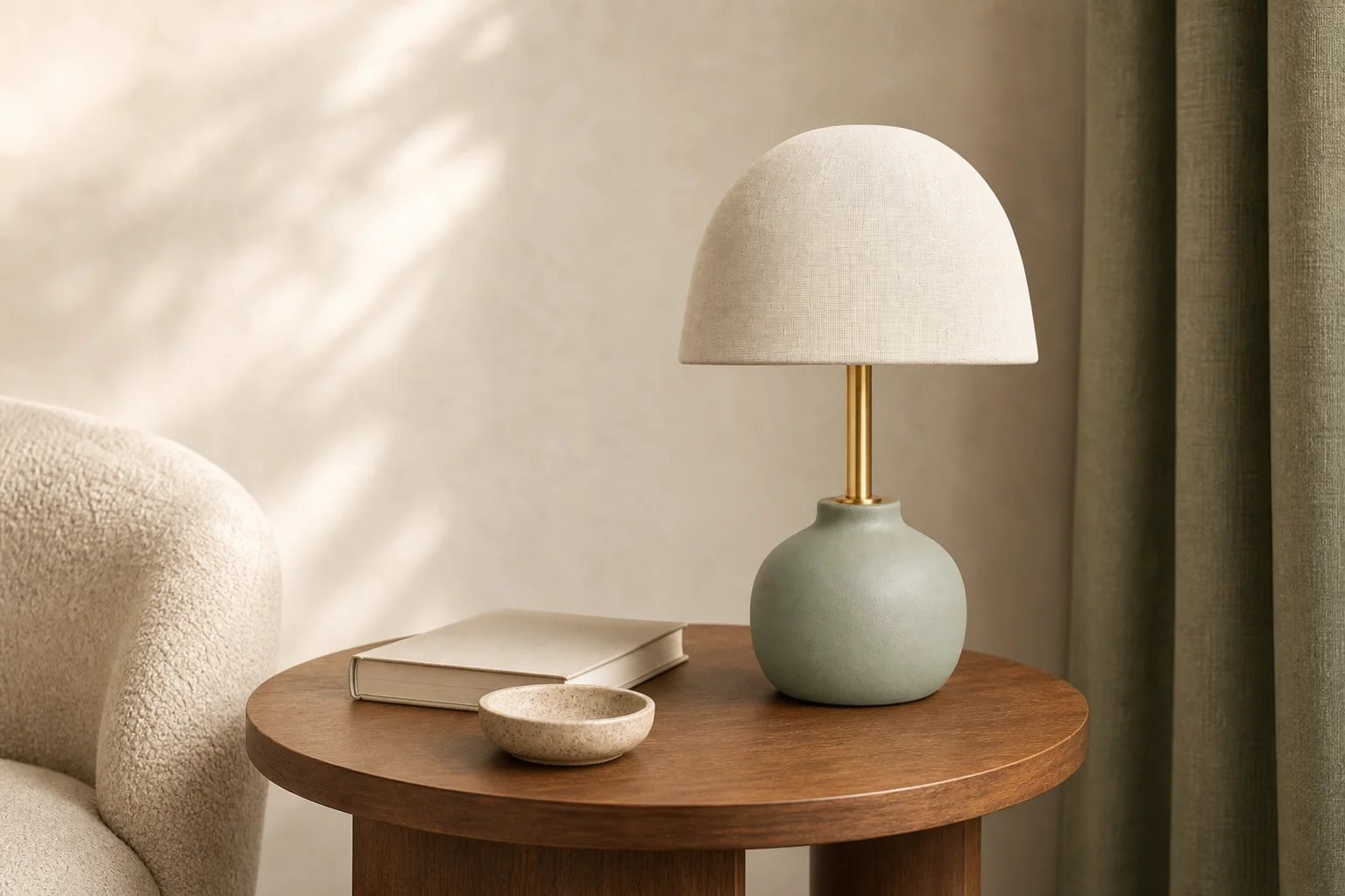 Dieselbe Lampe auf einem Walnusstisch in einem modernen Wohnzimmer