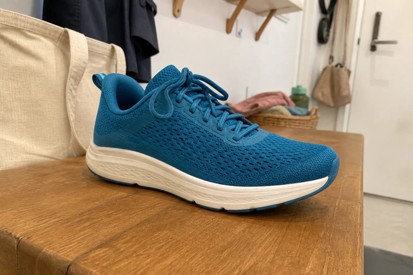 Teal running shoe photographed on a cluttered entryway bench