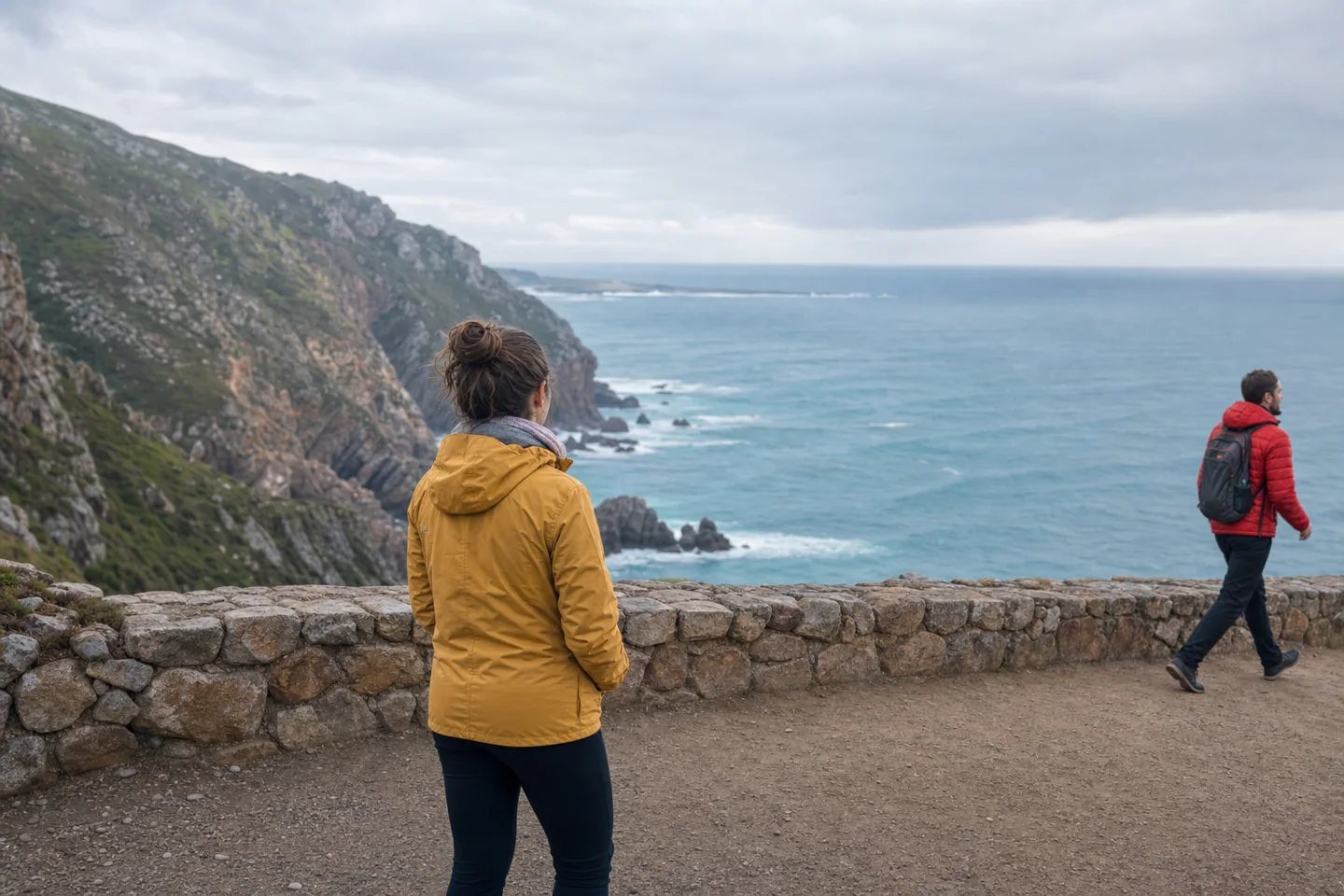 Coastal travel photo with a woman in yellow and an unwanted passerby in red