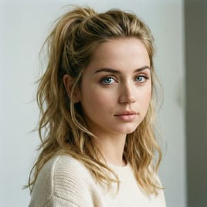 Portrait of Ana de Armas with shoulder-length layered blonde ponytail hair with soft waves, blue eyes, soft natural features