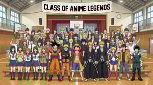Class photo featuring famous anime characters including Goku Naruto Luffy Ichigo Sailor Moon Deku standing in rows in school setting, colorful anime illustration style
