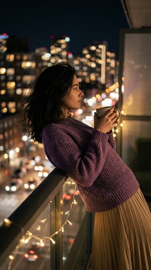 Contemplative night scene of young woman in purple sweater on balcony with city skyline bokeh lights and fairy lights, holding mug while looking out at view
