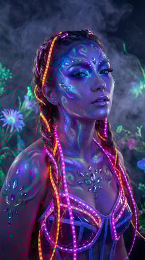 Ethereal high fashion portrait with bioluminescent fantasy makeup featuring glowing skin textures neon accents and mystical atmosphere with intricate details in vibrant colors