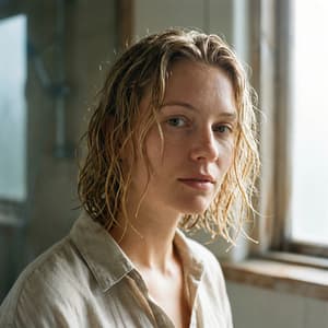 Portrait of woman with blonde wet slightly wavy short to medium length hair, capturing the wet hair texture and natural look
