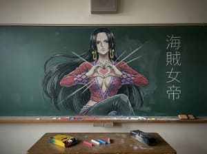 Photorealistic documentation of chalk drawing of Boa Hancock from One Piece on green classroom blackboard with teacher desk and chalk supplies in foreground