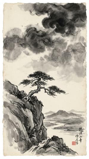 Traditional Chinese ink wash painting of beautiful subject with high-contrast background of soft grey watercolor washes and dark stormy clouds, expressive ink wash and charcoal sketch style with varying brush stroke thicknesses and intentional ink bleeds, minimalist yet powerful composition