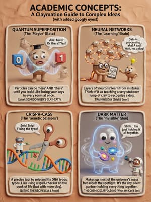 Academic infographic in distinctive claymation style with expressive clay characters featuring wide mouths and googly eyes explaining concepts with professional humor, clean structured layout with PBR materials