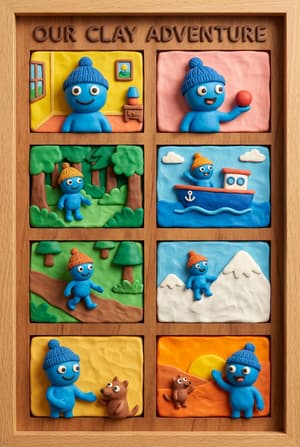 8-grid layout in claymation style showing sequential storytelling scenes with consistent expressive characters, rich tactile clay textures and bright engaging colors