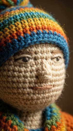 Hyper-realistic crochet amigurumi portrait with extremely detailed yarn textures, knitted face with visible stitches, colorful crochet hat, artistic studio lighting highlighting tactile wool quality and intricate craftsmanship