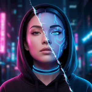 Hyper-realistic cyberpunk portrait with neon split effect, black techwear hoodie, pink and blue neon lighting, diagonal glitch tear, dark urban background
