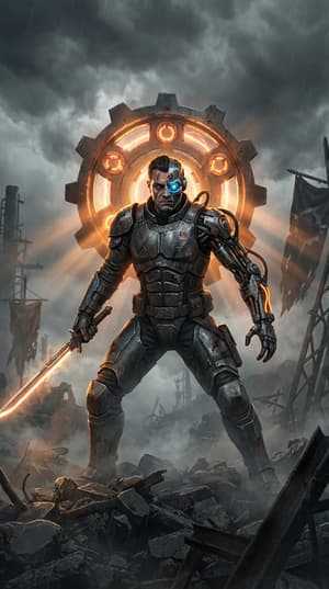 Half-human half-cyborg warrior in combat stance holding futuristic sword with mechanical arm, massive rotating gear halo with orange energy cores, destroyed industrial city background with high contrast cinematic lighting